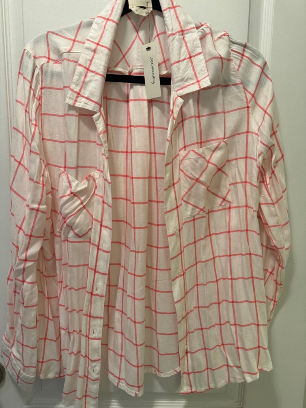 Francesca's White and Coral Plaid Button-Down Shirt